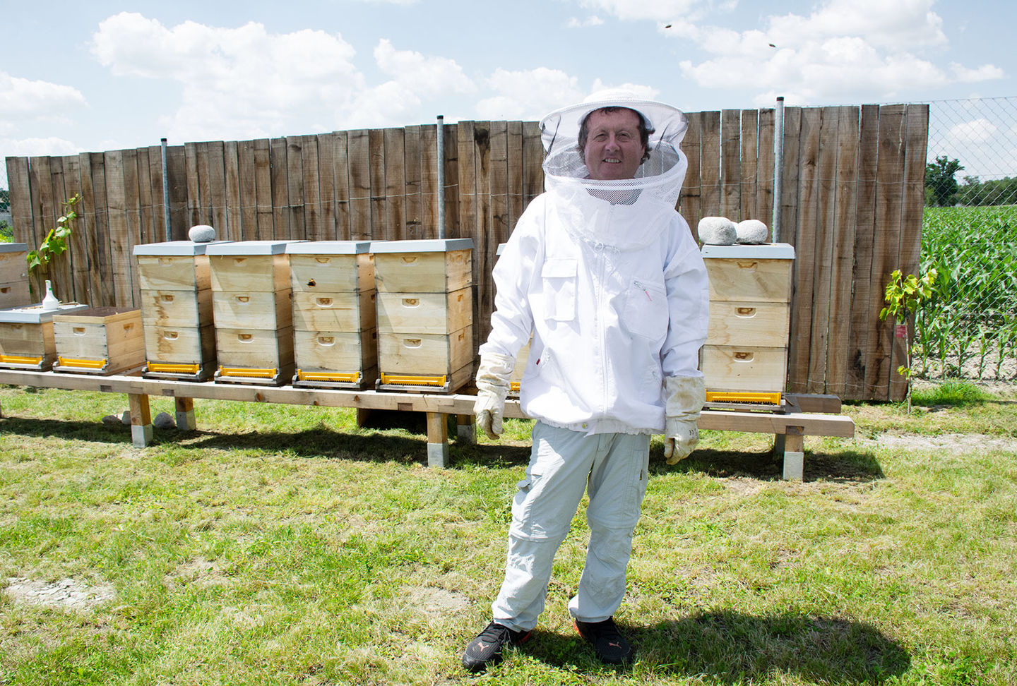TEAM 7 beekeeper with beehives. TEAM 7 beekeeper with beehives.