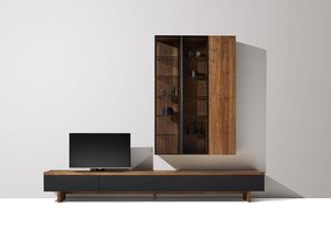 cubus wall unit in walnut with aluminuim frame and smoked glass