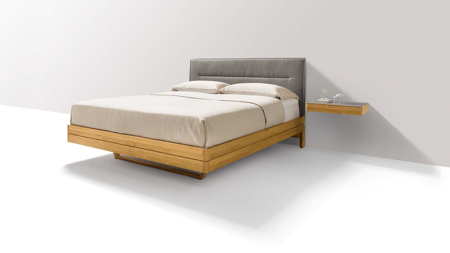 float wood bed in oak with headboard in fabric float wood bed in oak with headboard in fabric