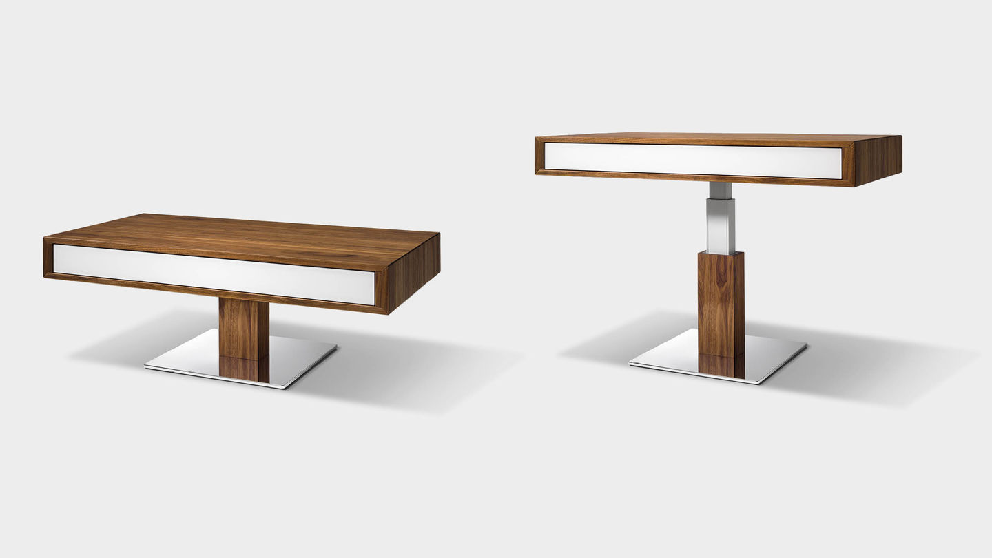 lift height-adjustable coffee table made of solid wood in walnut