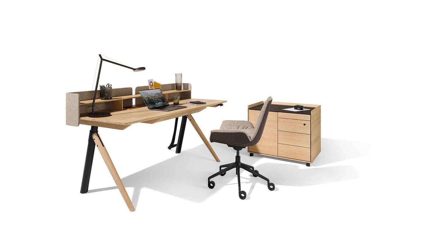pisa desk and desk base in oak with lui plus swivel chair